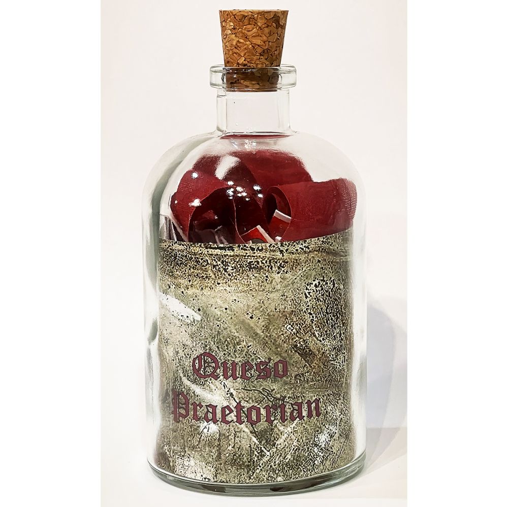 <br/>Queso Praetorian, 10/9/2025<br/>Apx 6½" x 3" x 3"<br/>glass, paper, ink, cork, plastic and cloth